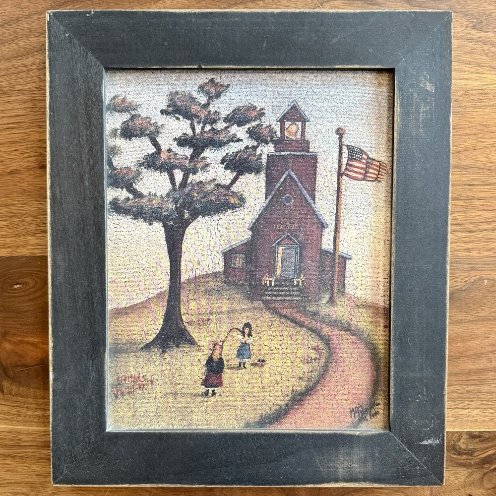VTG 80s 1988 Framed Folk Art Print Schoolhouse Prairie School Bell Kids USA Flag